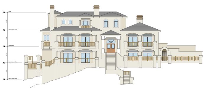 Color drawing of a sprawling multi-story house with balconies, chimneys, terraces & large arched windows
